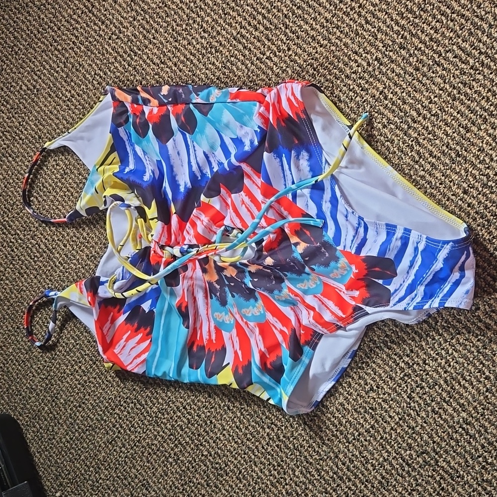 Tiedye feather high rise lace front one piece multicolor swimsuit bathing summer